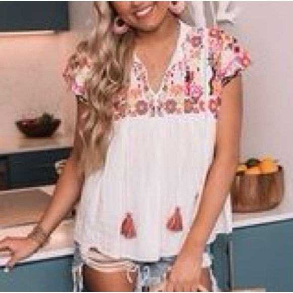 THML Embroidered Cotton Blouse Top Short Sleeve Casual Boho Resortwear Small - Picture 3 of 11
